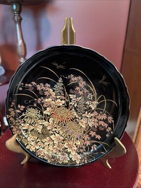 Vintage Black Decorative Lacquer Plate with Gold Floral Design
